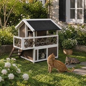 Op de afbeelding: Een houten kattenhuis met twee verdiepingen, bruine wanden en witte kozijnen, voorzien van een zwart dak met dakshingles, een balkon met een hekwerk en een kleine trap. De constructie heeft een afgesloten benedenverdieping en een open terras.