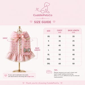 May include: A pink dog dress with a bow and pearl details, presented on a stand. The image features a size guide with chest and back length measurements in cm. The brand name "CuddlePetsCo" is displayed.