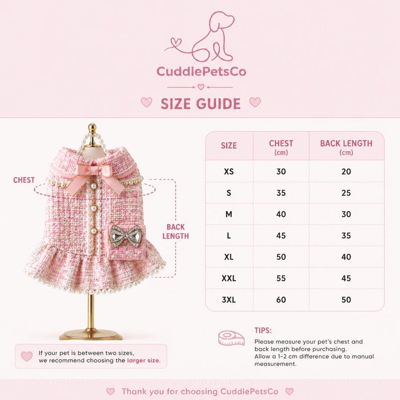 May include: A pink dog dress with a bow and pearl details, presented on a stand. The image features a size guide with chest and back length measurements in cm. The brand name "CuddlePetsCo" is displayed.
