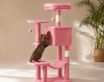 Pink Cat Tree Tower - Plush Cat Condo with Hammock & Scratching Posts