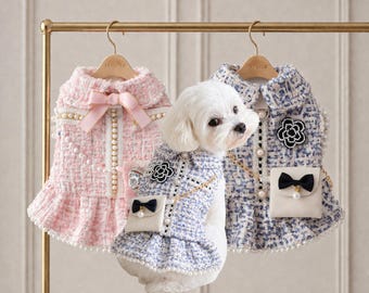 Pink Tweed Dog Dress, Pearl Trimmed Princess Puppy Outfit, Small Dog Clothes