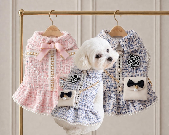 Pink Tweed Dog Dress, Pearl Trimmed Princess Puppy Outfit, Small Dog Clothes