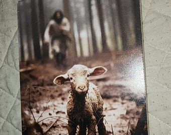 Impresión de Jesús y el Cordero sobre madera gruesa, 5×7