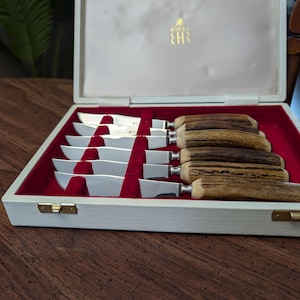 Peut inclure: Un ensemble de six couteaux argentés avec des manches texturés marron façon bois de cerf, présentés dans une boîte de rangement rectangulaire blanche avec un intérieur en velours rouge. Le couvercle porte le texte Birks imprimé en doré.