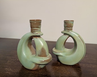 Candelabros de cerámica vintage, esmaltados en verde FRANKOMA