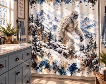 Yeti Shower Curtain, Cryptid Bathroom Decor, Snowy Mountain Bath, Rustic Cabin Decor, Winter Lodge Bathroom, Yeti Gift