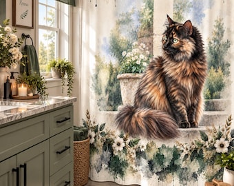 Tortoiseshell Cat Shower Curtain, Cat Bathroom Decor, Floral Watercolor Decor, Farmhouse Bathroom, Cat Lover Gift, Cottage Home Decor