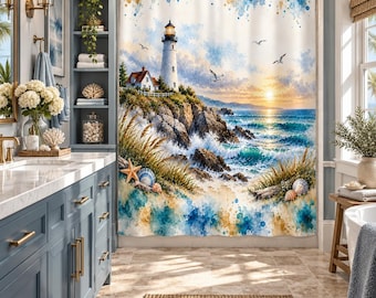 Lighthouse Shower Curtain, Coastal Bathroom Decor, Beach House Decor, Ocean Waves, Nautical Bathroom, Watercolor Seascape, Coastal Gift