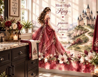 Christian Shower Curtain, Bible Verse Bathroom Decor, Burgundy Shower Curtain, Daughter of the King, Princess Christian Bathroom Decor