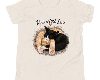 Puuuurfect Love Youth Cat Shirt, Funny Cat Lover Tee for Kids, Cute Orange & Black Cats, Youth Graphic T-Shirt Gift