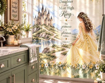 Christian Shower Curtain, Bible Verse Bathroom Decor, Yellow Shower Curtain, Daughter of the King, Princess Christian Bathroom