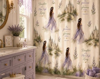Lavender Shower Curtain, Christian Shower Curtain, Botanical Bathroom Decor, Floral Bath Curtain, Cottagecore Bathroom, Princess Decor