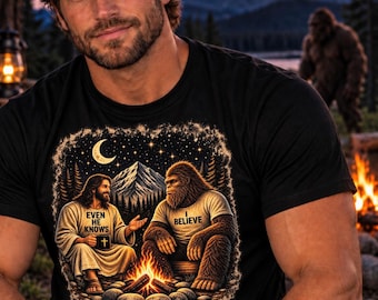 Bigfoot Jesus Shirt, Christian Sasquatch Graphic Tee, Even He Knows