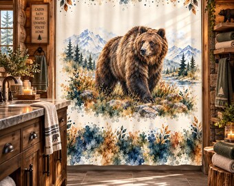 Grizzly Bear Shower Curtain, Rustic Cabin Bathroom Decor, Wildlife Bear Decor, Mountain Lodge Shower Curtain, Woodland Wilderness Decor
