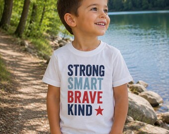 Camiseta infantil "Forte, Inteligente, Corajoso e Gentil", camiseta inspiradora para crianças, camiseta com afirmação positiva, presente motivacional para meninos e meninas.