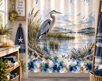 Great Blue Heron Shower Curtain, Coastal Shower Curtain, Beach Bathroom Decor, Marsh Bird Decor, Beach House Bathroom, Coastal Wildlife