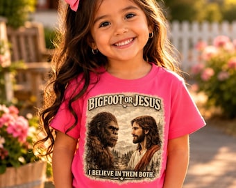 Bigfoot or Jesus I Believe In Them Both Toddler T-Shirt Christian Bigfoot Shirt Funny Faith Based Kids Tee Gift