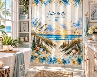 Coastal Shower Curtain, Beach Bathroom Decor, Ocean Watercolor Beach Decor, Seashell Nautical Decor, Beach House Bathroom, Coastal Gift