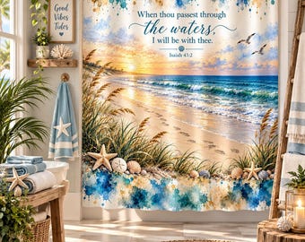 Christian Shower Curtain, Bible Verse Shower Curtain, Coastal Bathroom Decor, Beach House Decor, Ocean Christian Decor, Faith Based Gift