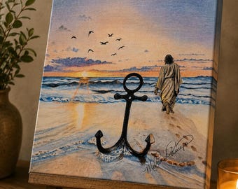 Verankert | Jesus geht am Strand Leinwanddruck | Christliche Wandkunst | Anker des Glaubens | Religiöses Ozean-Kunstwerk | Christliche Wohnkultur