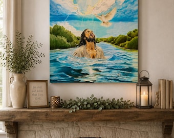 Mit Kraft ausgestattet | Taufe von Jesus Leinwanddruck, Heiliger Geist Kunst, Jesus Wandkunst, Christliche Wanddekoration, Biblisches Kunstwerk