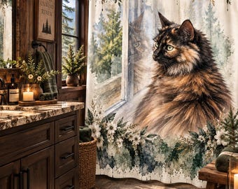 Tortoiseshell Cat Shower Curtain, Cat Bathroom Decor, Watercolor Floral Cat, Cottage Bathroom Decor, Farmhouse Bath, Cat Lover Gift