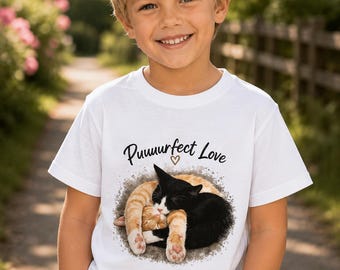 Puuuurfect Love Youth Cat Shirt, Funny Cat Lover Tee for Kids, Cute Orange & Black Cats, Youth Graphic T-Shirt Gift