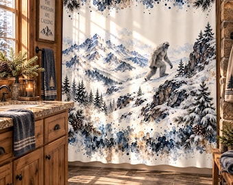Yeti Shower Curtain, Abominable Snowman Decor, Winter Mountain Bathroom, Rustic Cabin Decor, Snowy Lodge, Cryptid Gift