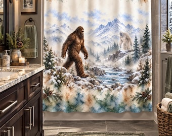 Bigfoot Yeti Shower Curtain, Sasquatch Bathroom Decor, Abominable Snowman, Cryptid Art, Rustic Cabin, Mountain Lodge, Man Cave Bathroom