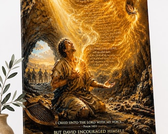 Ermutige meine Seele Leinwanddruck, Christliche Wandkunst, Psalm 142 David ermutigte Himself, Lion of Praise Kunstwerk, Faith Decor