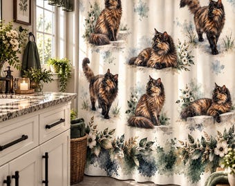 Tortoiseshell Cat Shower Curtain, Tortie Cat Bathroom Decor, Watercolor Cats, Floral Bathroom, Cat Lover Gift, Cottage Farmhouse Decor