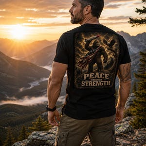 Peace Through Strength Bigfoot Shirt, Patriotic Sasquatch Tee, American Flag Bald Eagle Shirt, USA Pride Gift