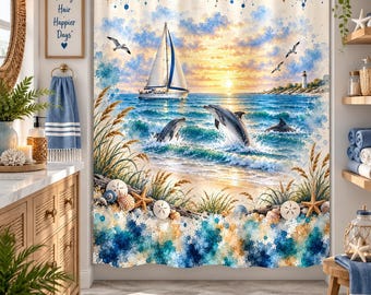 Dolphin Shower Curtain, Coastal Shower Curtain, Beach Bathroom Decor, Nautical Ocean Decor, Sailboat Lighthouse Beach House Curtain