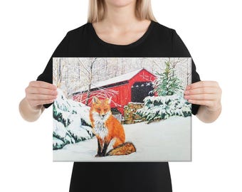 Fox in Snow Canvas Print 16x12, Red Fox Wall Art, Winter Wildlife Canvas, Snow Covered Bridge Decor, Rustic Cabin Artwork