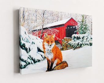 Fuchs im Schnee Leinwanddruck 16x12, Rotfuchs Wandkunst, Winter Wildtier Leinwand, Schneebedeckte Brücke, Kunstwerk