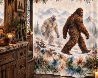 Bigfoot Yeti Shower Curtain, Watercolor Mountain Wilderness, Rustic Cabin Decor