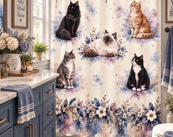 Cat Shower Curtain, Cat Bathroom Decor, Watercolor Cats, Floral Bathroom Decor, Cottage Bathroom, Cat Lover Gift, Farmhouse Cat Decor