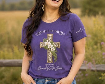 Verwurzelt im Glauben, bedeckt mit Seinem Gnaden-Christ-Blumenkreuz-T-Shirt