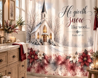 Christian Winter Shower Curtain, Bible Verse Bathroom Decor, Snowy Church, Farmhouse Christmas Bathroom Decor