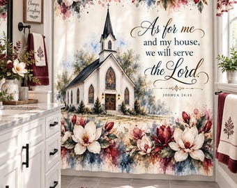 Christian Shower Curtain, Joshua 24:15 Bible Verse, Scripture Bathroom Decor, Farmhouse Church, Magnolia Floral, Faith Home Decor