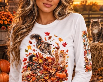 Fall Cat Long Sleeve Shirt, Autumn Cat Shirt, Cat Lover Gift for Her, Pumpkin Shirt, Cute Cats Fall Leaves Tee, Cozy Fall Shirt