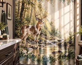 Deer Shower Curtain, Rustic Woodland Bathroom Decor, Wildlife Buck Shower Curtain, Forest Cabin Decor, Nature Bathroom CurtainShower curtain