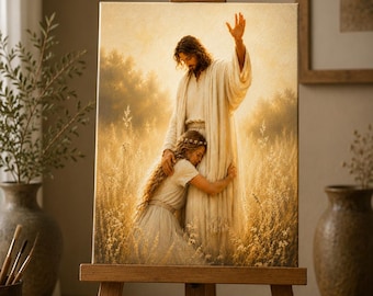 Zu seinen Füßen Jesus Wandkunst, christliche Leinwanddruck, Glaube Kunstwerk, tröstliche Umarmung Dekor, christliches Geschenk