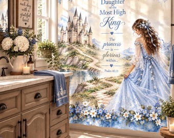 Christian Shower Curtain, Bible Verse Bathroom Decor, Daughter of the King, Blue Princess Shower Curtain, Scripture Bathroom Decor