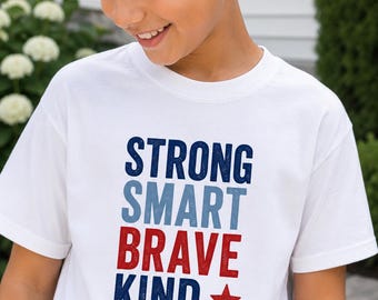 Strong Smart Brave Kind Youth T-Shirt | Inspirational Kids Tee | Bella Canvas 3001Y | Positive Gift for Boys & Girls