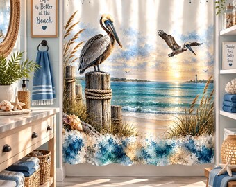 Pelican Shower Curtain, Coastal Shower Curtain, Beach Bathroom Decor, Ocean Nautical Decor, Beach House Curtain, Coastal Bird Decor