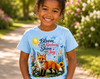 Cute Fox Wildflower Shirt for Girls | Bloom with Kindness Shine with Joy Kids Nature Graphic Tee Woodland Fox Gift
