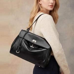 Black Rodeo Shoulder Bag, Structured Crossbody Handbag, Lock Clasp Tote, Everyday Work Bag, Gift for Her