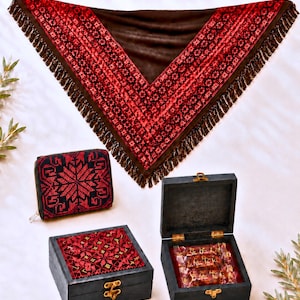 Äkta Tatreez presentask | Handgjord broderad sjal och handväska | Lyxigt jordanskt daddelpresentset | Jordansk palestinsk hantverksgåva
