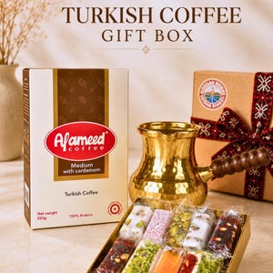 Authentic Turkish Coffee Gift Box with Alameed Coffee, Traditional Copper Coffee Pot & Assorted Middle Eastern Nougat Sweets | Coffee Lovers